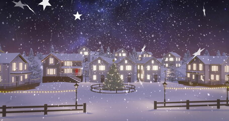 Sparkling Christmas tree shining in snowy plaza at night, with lampposts and star decorations