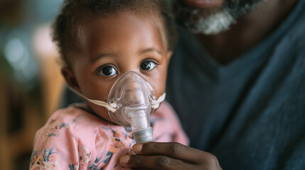 Dark-skinned young girl using a nebulizer mask for breathing treatment, highlighting health care, medical care, and child wellness in a clinical or home setting.