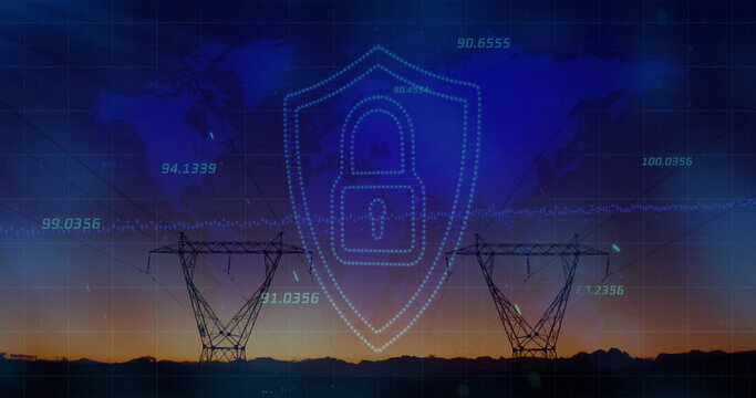 Overlaying shield with padlock icon securing towers on plain at dusk, with world map, data points
