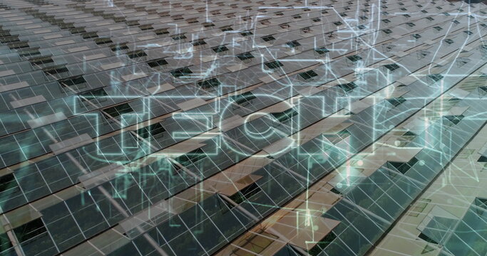 Extending photovoltaic panels mounted on rooftop racks, receiving wireframe overlay with data nodes