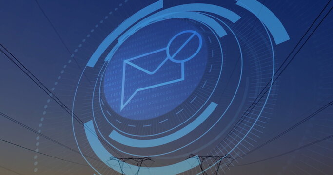 Projecting circular digital interface over power grid at dusk, with message icon and binary code