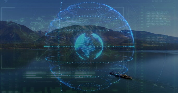 Hovering holographic globe projecting digital data over alpine lake, with tourists rowing boat - Powered by Adobe