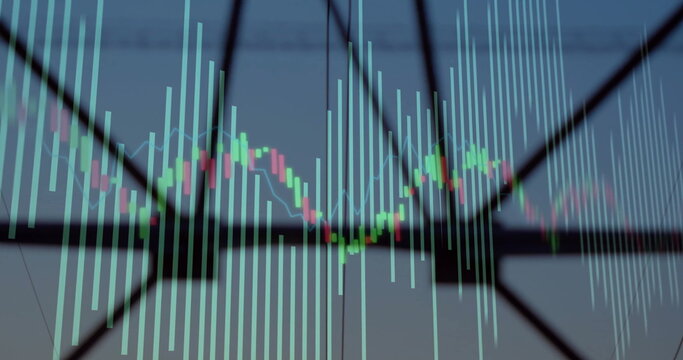 Displaying lattice tower silhouette standing at dusk, with green red candlesticks and teal bars