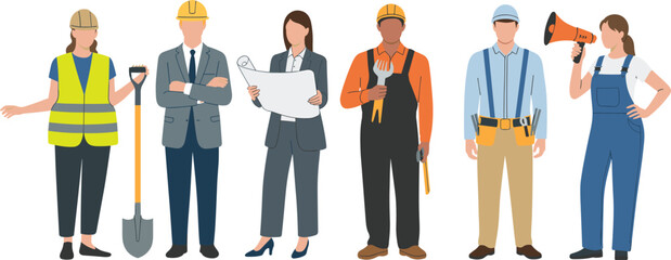 Diverse construction workers and engineers wearing safety gear, holding tools and blueprints, professional teamwork at building site illustration, isolated concept