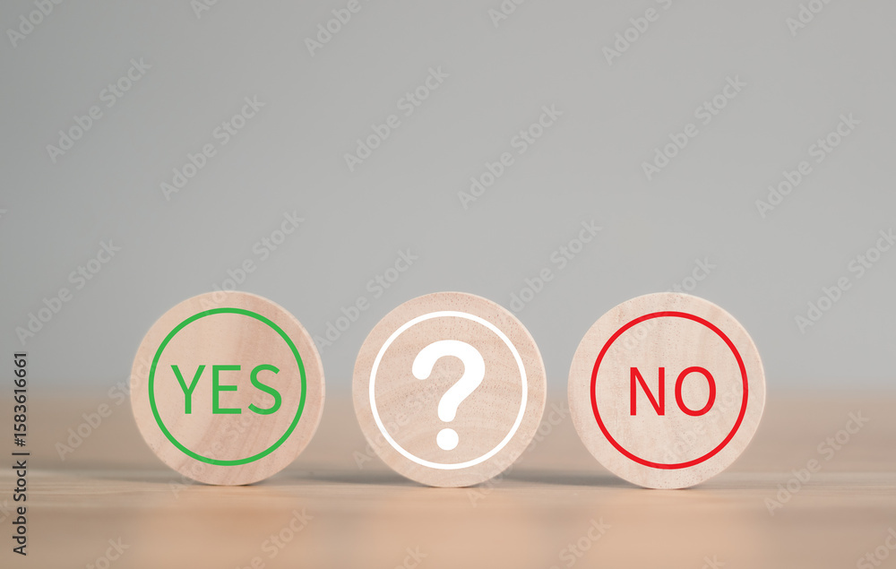 Poster wooden block yes or no symbol and checkmark alternative concepts, decision making, and true and fals