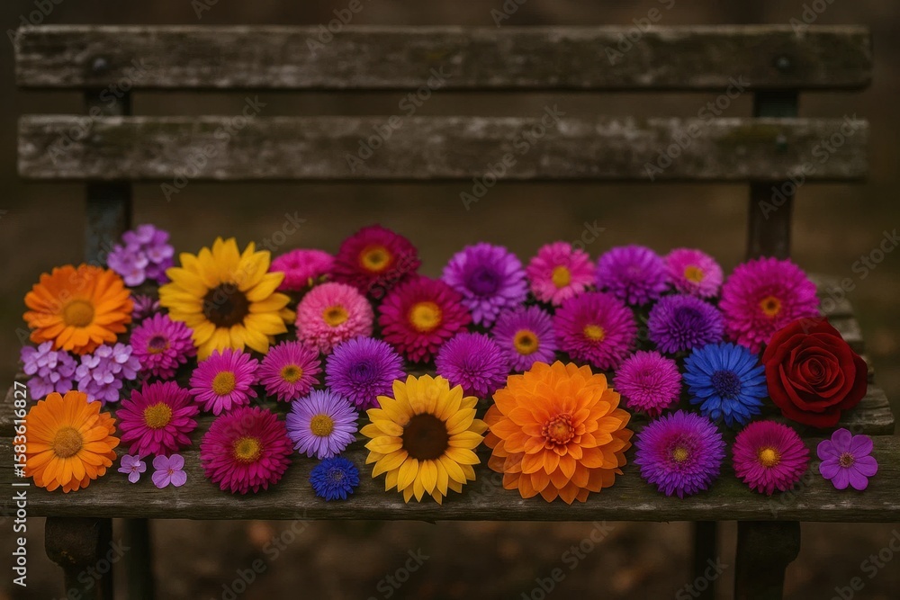 Poster a vibrant array of paper flowers adorns a weathered wooden bench, creating a whimsical tableau of na