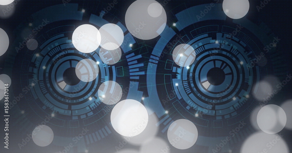 Poster Rotating concentric HUD elements glowing in virtual high-tech space, with grid lines and bokeh orbs