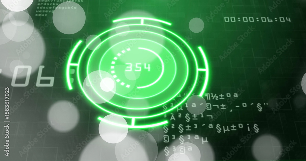 Poster displaying neon green hud showing 354 on interface screen, with alphanumeric code and bokeh circles