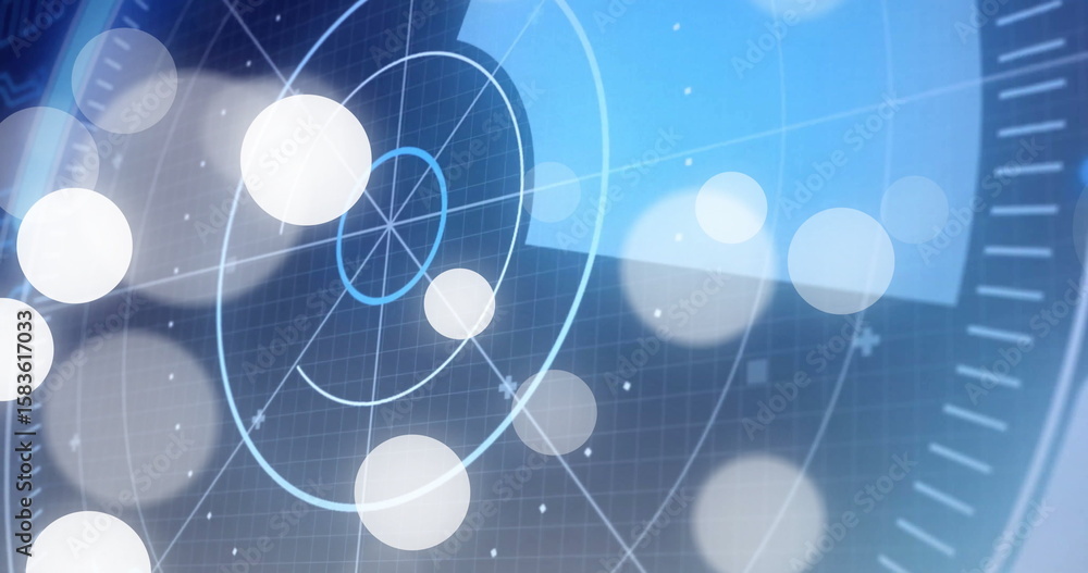 Poster displaying circular radar interface rotating over dark grid on screen, with glowing orbs and bokeh