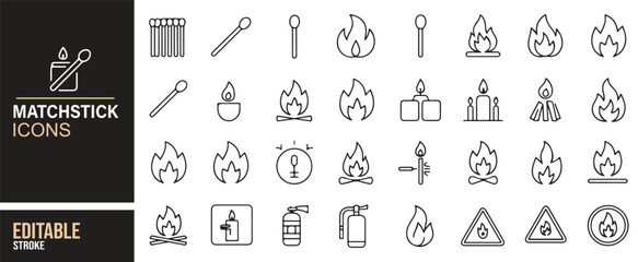 Set of Minimalist Matchstick and Fire Icons for Lighting, Safety, and Fire-related Design