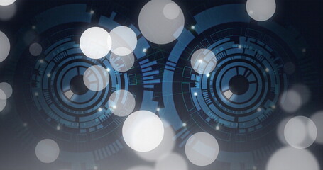 Rotating concentric HUD elements glowing in virtual high-tech space, with grid lines and bokeh orbs