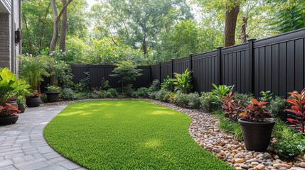Curved patio with dark fence, lush landscaping
