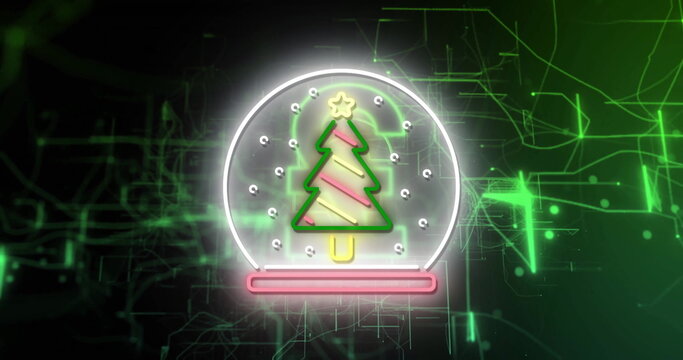 Floating neon snow globe against neon circuit board backdrop, with glowing Christmas tree stripes - Powered by Adobe