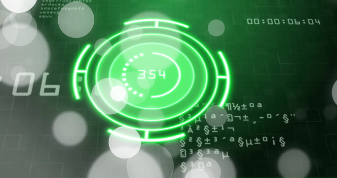 Displaying neon green HUD showing 354 on interface screen, with alphanumeric code and bokeh circles