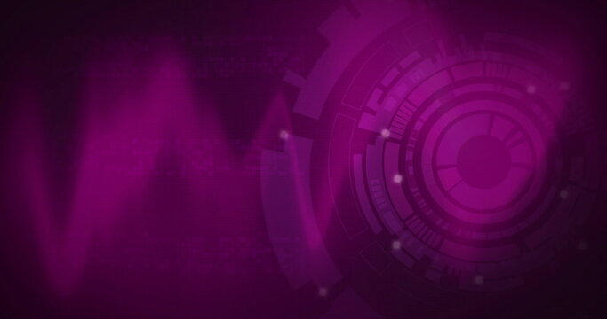 Pulsating concentric digital circle glowing in purple magenta virtual space, with waveform curves