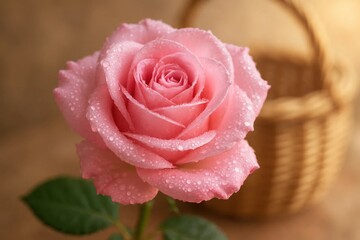 Fototapeta premium A solitary pink rose stands in quiet beauty, its delicate petals glistening with water droplets, against a rustic backdrop of a woven basket and softly blurred wooden surface