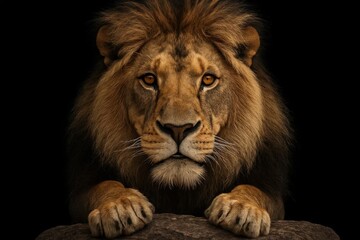 A majestic lion peers out from the shadows, its gaze steady and unwavering