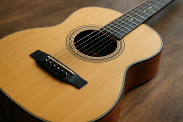 A Wooden Folk Guitar Resting on a Textured Surface