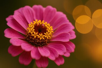 A solitary pink zinnia stands out against a blurred backdrop of warm bokeh lights, capturing the essence of nature's beauty in a close-up shot
