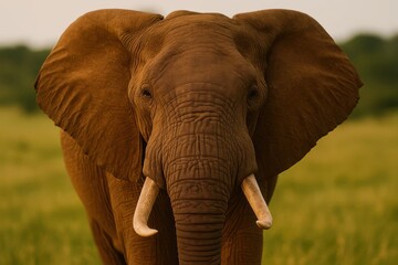 Obraz premium A majestic elephant stands in solitude amidst a verdant field, its gentle eyes reflecting the tranquility of nature