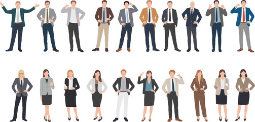 Diverse group of confident business professionals, male and female office workers in formal attire standing isolated on white background