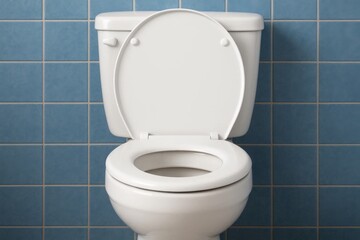 A pristine white toilet stands against a backdrop of blue tiled walls, symbolizing cleanliness and simplicity in everyday life