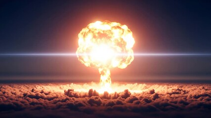 A powerful nuclear explosion, a mushroom cloud rises into the sky, spreading an orange glow. An apocalyptic view: a fiery explosion and plumes of smoke on the horizon. - Powered by Adobe