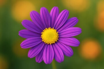 Obraz premium A single, vibrant purple daisy stands out against a softly blurred backdrop of orange and green hues, symbolizing nature's simple yet profound beauty