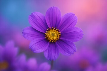 Fototapeta premium A single purple daisy stands out against a softly blurred backdrop of pink and blue hues, symbolizing serenity and beauty in nature