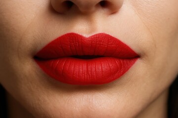 A striking red lipstick stands out against the skin, capturing attention with its vibrant hue