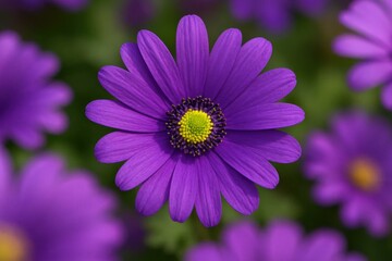 Fototapeta premium A solitary purple daisy stands out in a sea of green, its vibrant petals and yellow center drawing the eye amidst the soft blur of blooming flowers