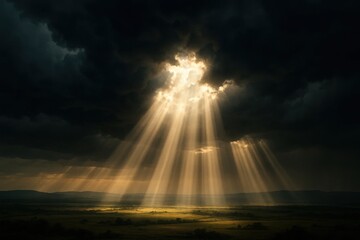 A Radiant Sunburst Pierces Through a Stormy Sky Over a Tranquil Landscape