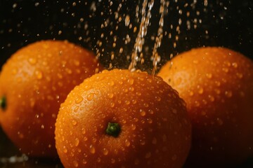 A Close-Up of Vibrant Citrus in Water Droplets