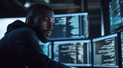 african american male computer programmer working on multiple monitors displaying code in dimly lit office. focused and concentrated expression of coder. tech industry, cybersecurity.