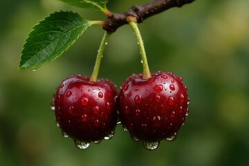 Cherries Hanging in a Serene Forest
