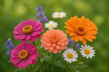 A vibrant bouquet of zinnias and daisies in full bloom against a soft green backdrop