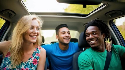 Diverse group of young friends experiencing carefree road trip moments, sharing laughter and companionship while driving convertible with open sunroof under bright summer sky - Powered by Adobe