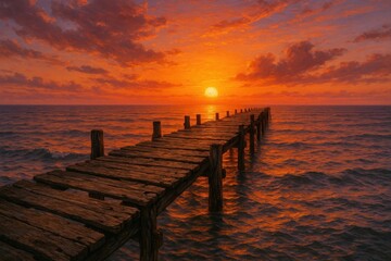 A Wooden Pier Reaches Out into the Ocean Under a Sunset Sky