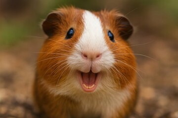A joyful ginger and white guinea pig with a bright smile, showcasing its cheerful demeanor in a natural setting