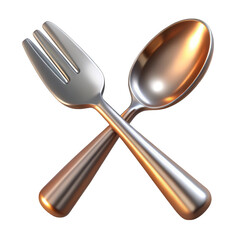 Shiny silver fork and bronze spoon crossed together isolated on transparent background