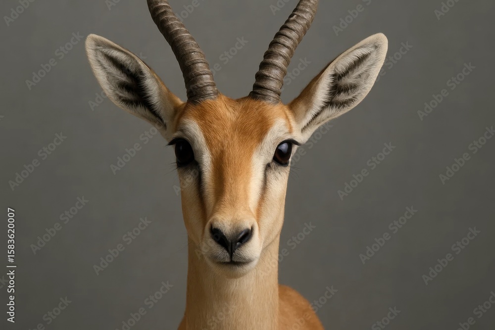 Poster a close-up portrait of a gazelle with its distinctive curved horns against a gradient gray backgroun