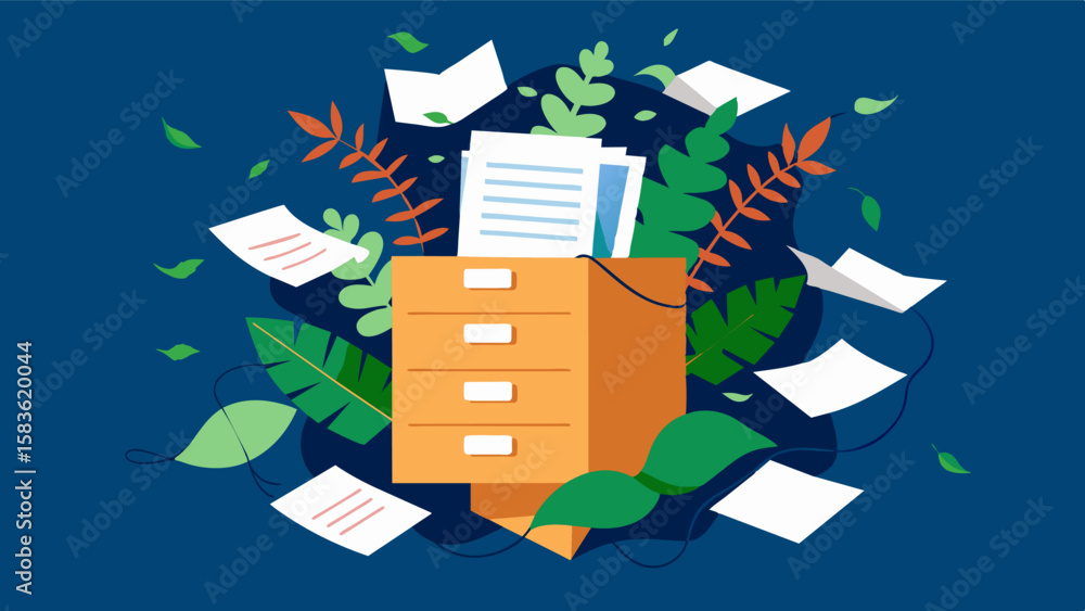 Poster papers and documents are strewn across a makeshift filing cabinet held together by vines and twine..
