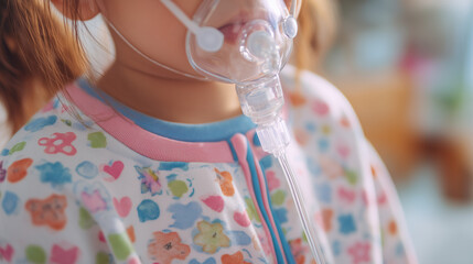 Young girl using a nebulizer mask for breathing treatment, highlighting healthcare, medical care, and respiratory therapy in a safe and clinical environment.