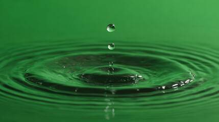 A droplet of water splashes onto a surface, creating ripples against a vibrant green backdrop.