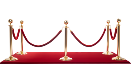 Red carpet with golden stanchions and velvet ropes arranged for vip event entrance isolated on transparent background