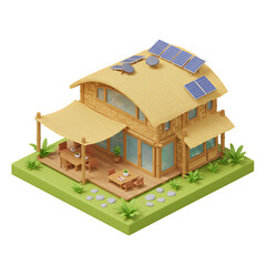 3D modern eco bamboo house with solar panels
