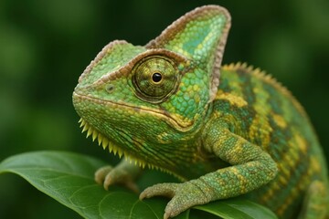 Obraz premium A vibrant green chameleon with a striking crest sits poised on a leaf, its gaze fixed directly at the camera, embodying the essence of nature's quiet strength