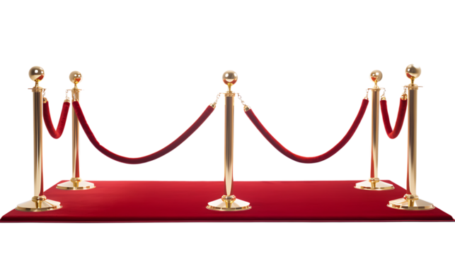 Red carpet with golden stanchions and velvet ropes arranged for vip event entrance isolated on transparent background