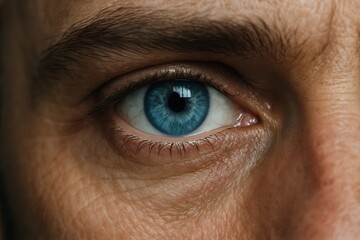 A close-up of a human eye, showcasing the intricate details of its structure and the vibrant blue color that stands out against the skin