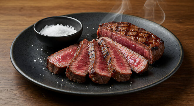 Sliced grilled alcatra (top sirloin) with juicy pink center and charred fat edges, arranged on a dark ceramic plate with a ramekin of coarse salt. Served over a rustic wooden table 